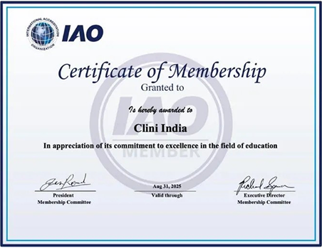 IAO Certificate of Membership awarded to Clini India for commitment to excellence in education, valid through Aug 31 2025