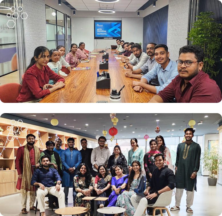 Clini India students at an eCTD workshop in the training room, and the team celebrating a festival at the office